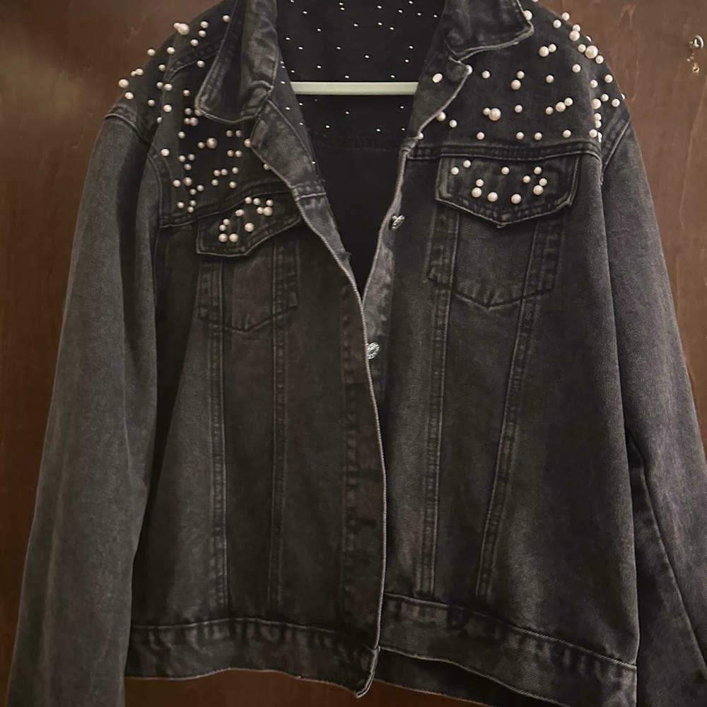 Black Denim Jacket with Pearl Embellishments